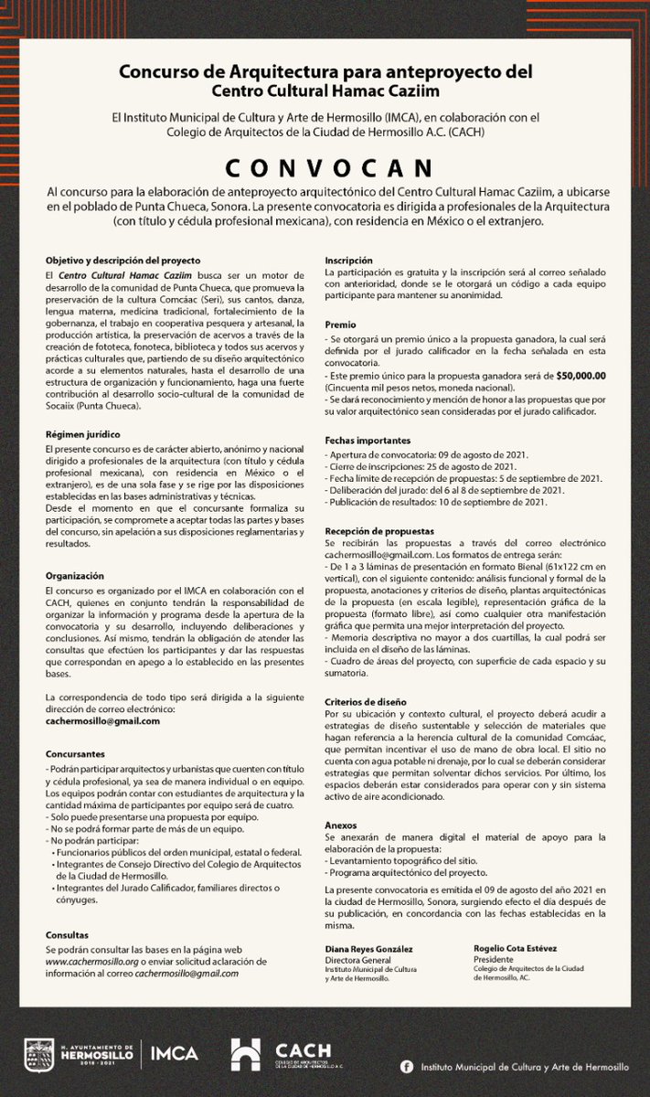 El <a href="/imcahermosillo/">IMCA Hermosillo</a>  y el CACH convocan al Concurso de Arquitectura para la elaboración de "Anteproyecto Arquitectónico del Centro Cultural Hamac Caziim" al cual se le otorgará un premio único a la propuesta ganadora de $50,000.00.

Visita la página cachermosillo.org/concurso