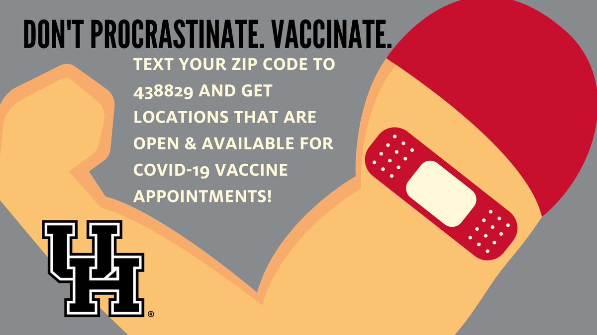 Hey Coogs! Don’t wait until school starts to get a free COVID-19 vaccine! Don’t know where to get the shot? Text your ZIP code to GETVAX (438829) in English, or to VACUNA (822862) to find locations! You can even get a ride. #TakeYourShot