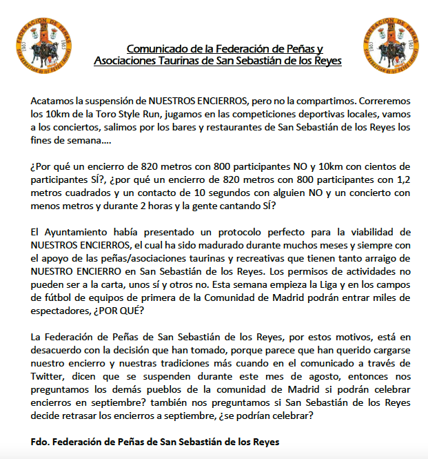 Federacion1985's tweet photo. Comunicado sobre la suspensión de NUESTROS ENCIERROS en San Sebastián de los Reyes https://t.co/XaNUWK6j1l