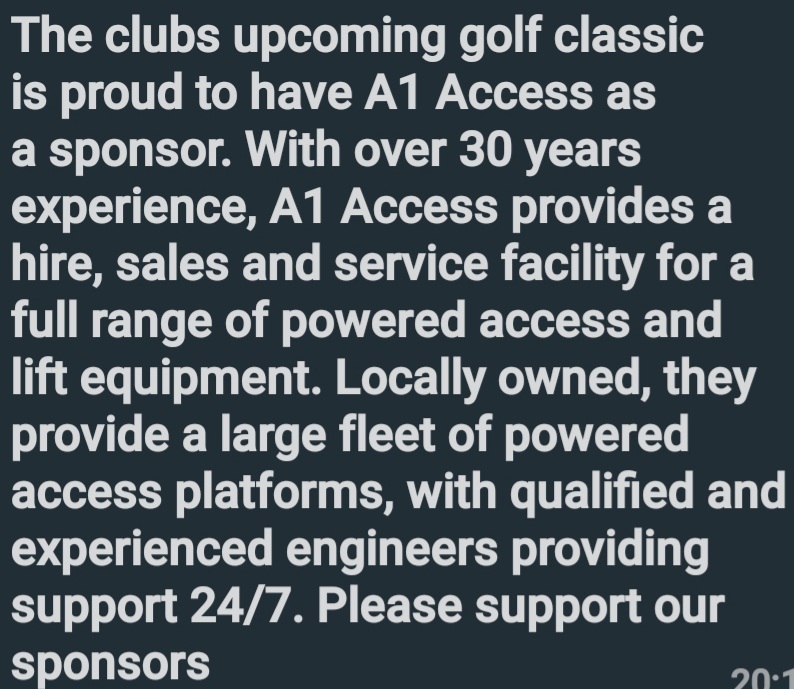Thanks to A1 Access for sponsoring our upcoming Golf Classic next week.
Please support our sponsors🤝