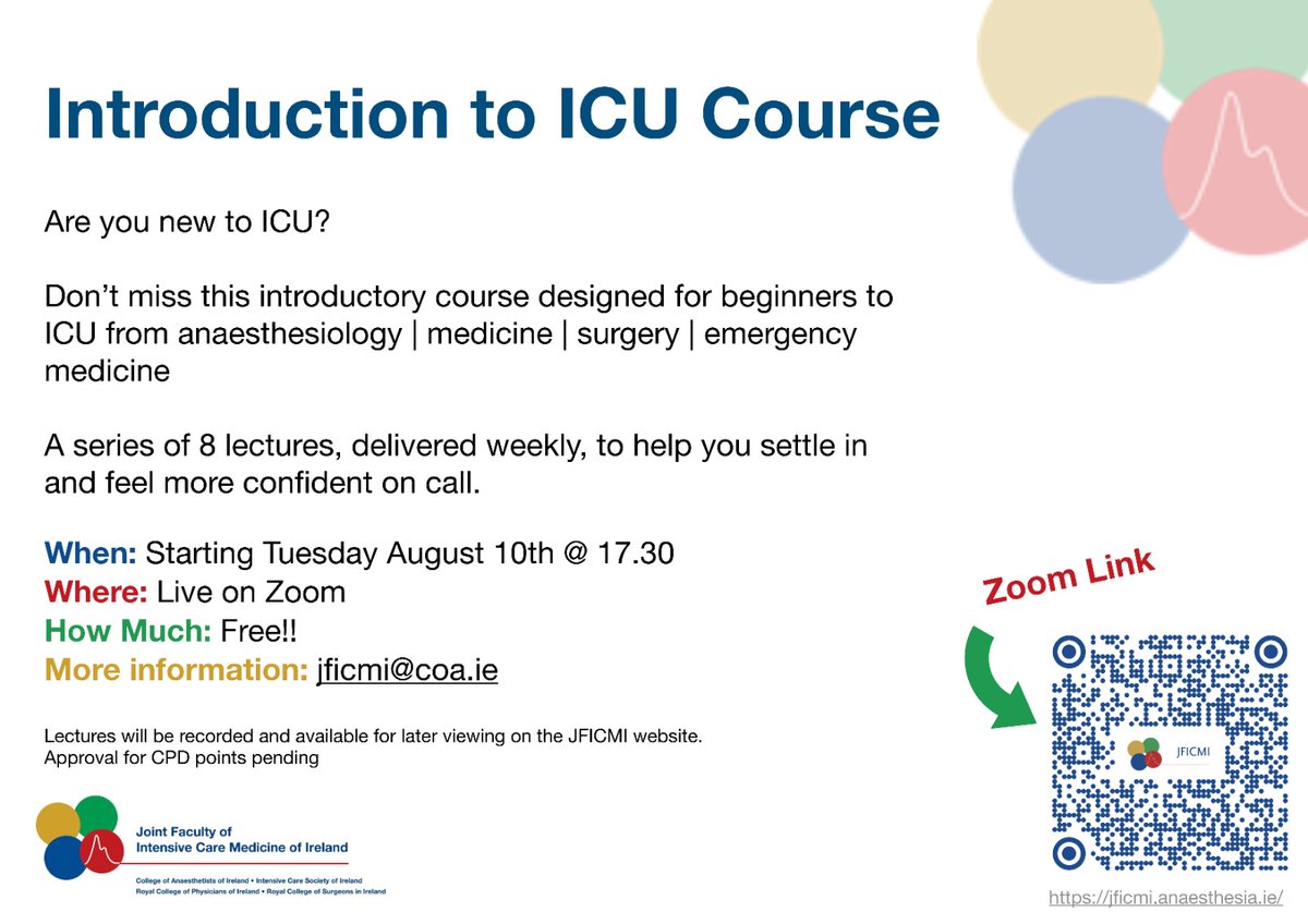 The @COAIrl and JFICMI are kicking off a pilot lecture series 'Introduction to ICU Course' this evening - spearheaded by Intensive Care Fellows @Carrie_Murph and @bryan_reidy. It's free and open to all! Tune in tonight with the QR code below. #FOAMed