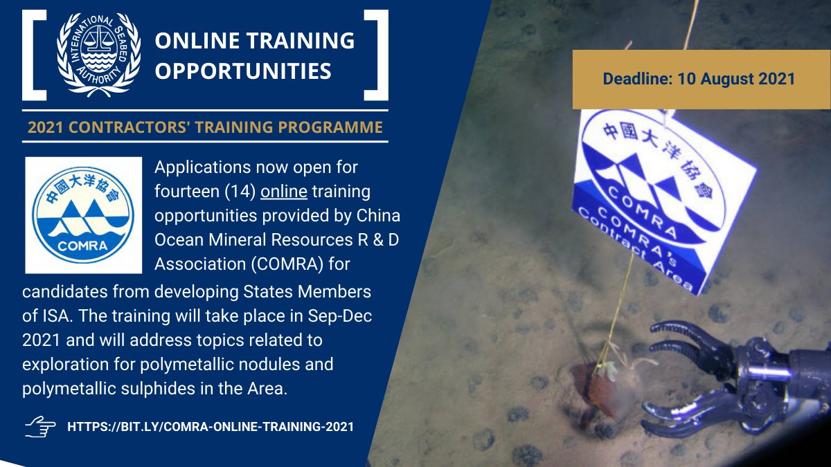 ISBAHQ's tweet photo. FINAL DAY TO APPLY

ISA contractor #COMRA is offering 14 online training opportunities for candidates from developing States during the period Sep-Dec 2021.

Apply now: https://t.co/9wt0OnY2DR https://t.co/4CQrAyVIsQ