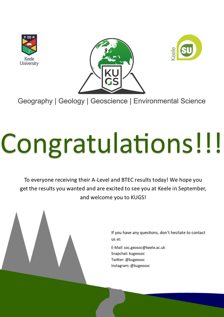 kugeosoc's tweet image. Huge congratulations to everyone who has received their results today 😆🥳. We can't wait to meet and get to know new faces in September!
Image description: Keele University Logo, followed by the KUGS logo, followed by the Keele SU logo, under all of which are the four (1/3)