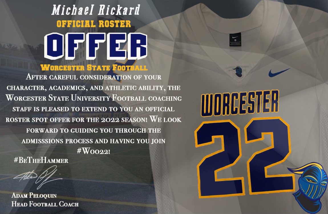 LllRickard's tweet photo. Excited and blessed to receive my first offer from Worcester State University! Thank you @CoachFilliger https://t.co/nQflUxGRl0