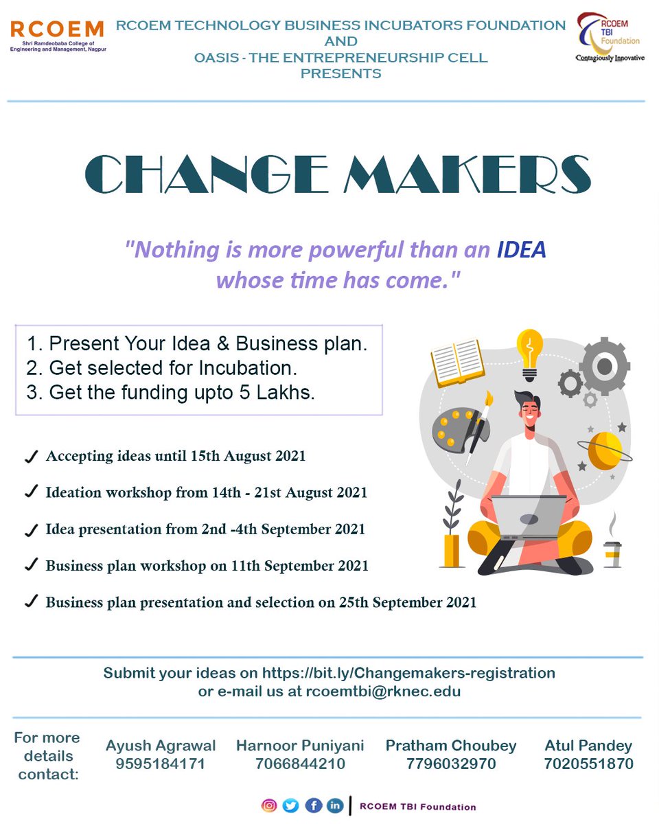 TbiRcoem's tweet photo. RCOEM TBI foundation presents IDEATION WORKSHOP which not only provides you with improvisation techniques in your idea but will also help you sharpen your presentation skills.

Registration link:- https://t.co/29DBxW1X4q https://t.co/Uem83f5QLS
