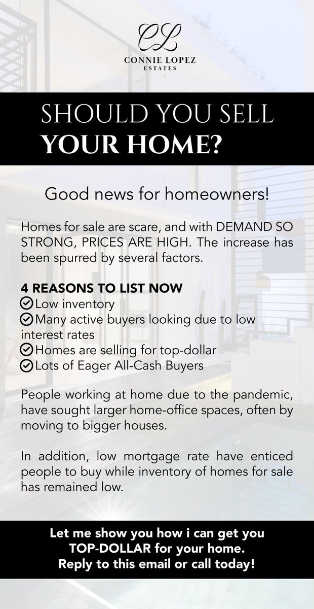 connie_team's tweet photo. Should you sell your home?

Here are 4 reasons to list now 👇

#realtor #connielopez #luxuryrealtor #realestateagent #property #LArealtor #realtorlife #milliondollarlistig #Astonmartin #luxuryrealestate #losangeles #losangelesrealestate #justlisted #homesforsale #NY https://t.co/hWibigmC3g