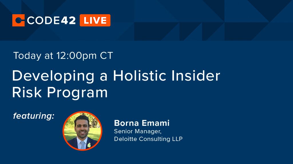 code42's tweet image. And, we&apos;re live! Join #Code42Live with Borna Emami from @Deloitte. Join the conversation now. bit.ly/2W85644