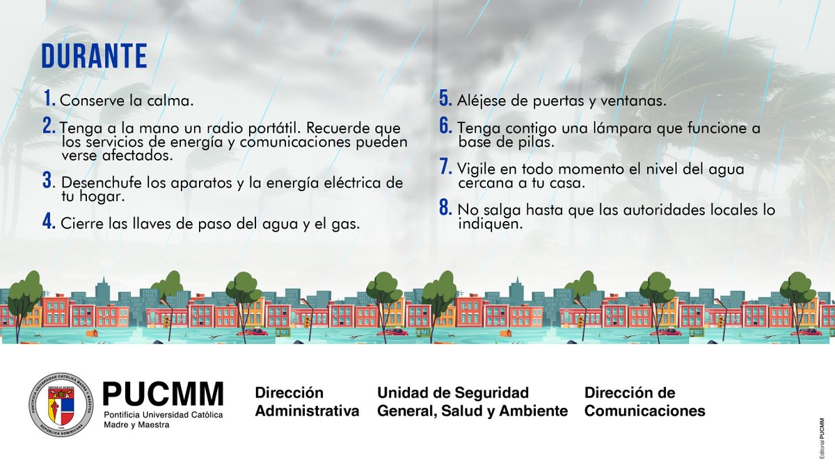 PUCMM's tweet photo. Ante la inminencia de un huracán o tormenta tropical, saber qué hacer es esencial para poder estar calmados y mantener seguros a los nuestros y a nosotros mismos. https://t.co/FGy8O6PjRD