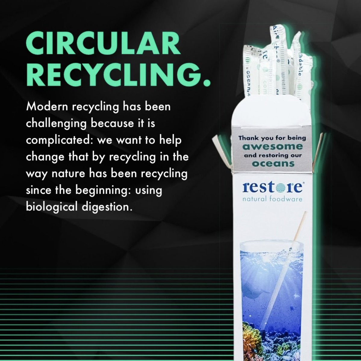 RestoreFoodware's tweet image. Microorganisms in our oceans naturally produce AirCarbon, so we figured out what they needed to make the same material on land! The goal is to recycle using nature’s method.

#Noplastic
#AirCarbon
#Regenerative