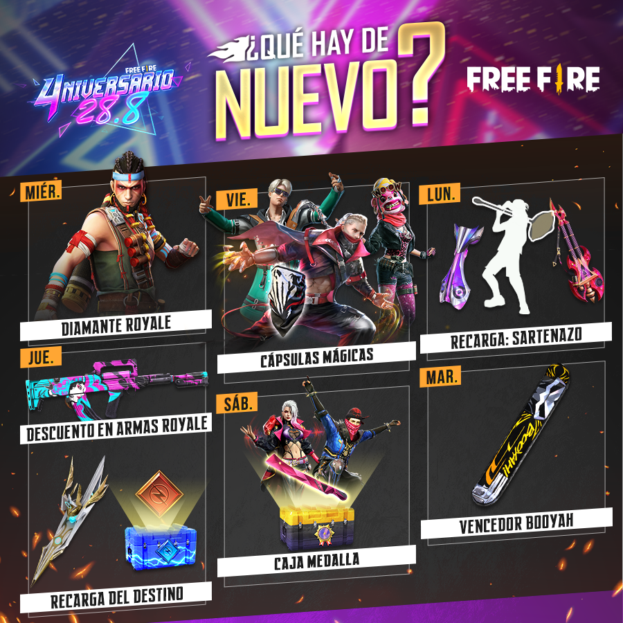 freefirelatino's tweet photo. 📙 ¡LA AGENDA SEMANAL ESTÁ AQUÍ! 📙

¡Un Nuevo Diamante Royale está por llegar! 😎

Además podrás conseguir la Groza Portador del Futuro. 🔥

¡Se aproxima la Recarga Sartenazo y las Cápsulas mágicas! ✨

¡Todo esto y mucho más en los próximos días! https://t.co/axKznHVMZG