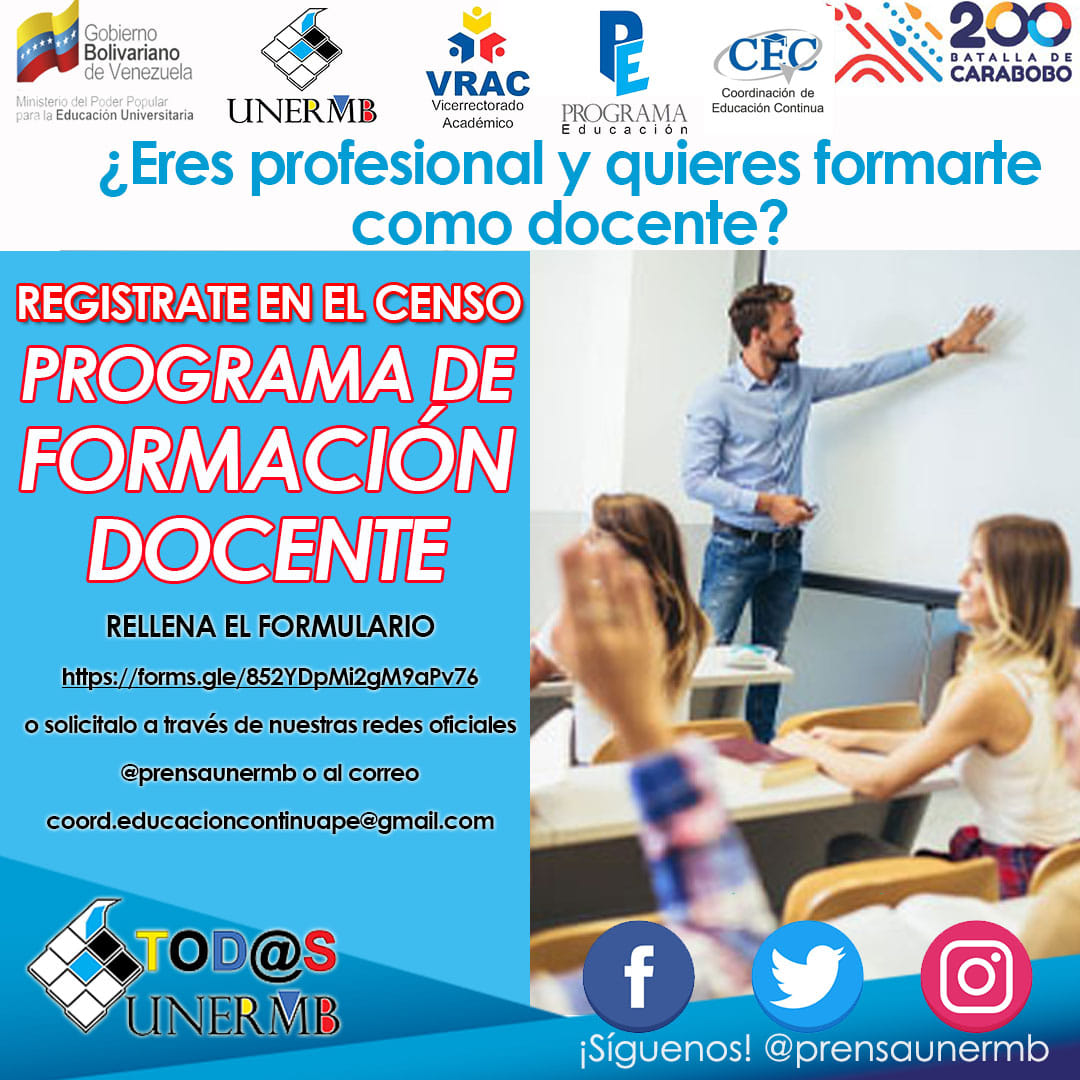 UnermbOjeda's tweet photo. ¿Eres profesional y quieres formarte como docente? La Universidad Nacional Experimental Rafael María Baralt a través del Vicerrectorado Académico te invitan al censo del Programa de Formación Docente.
https://t.co/cfyKkf069O https://t.co/hydod391yt