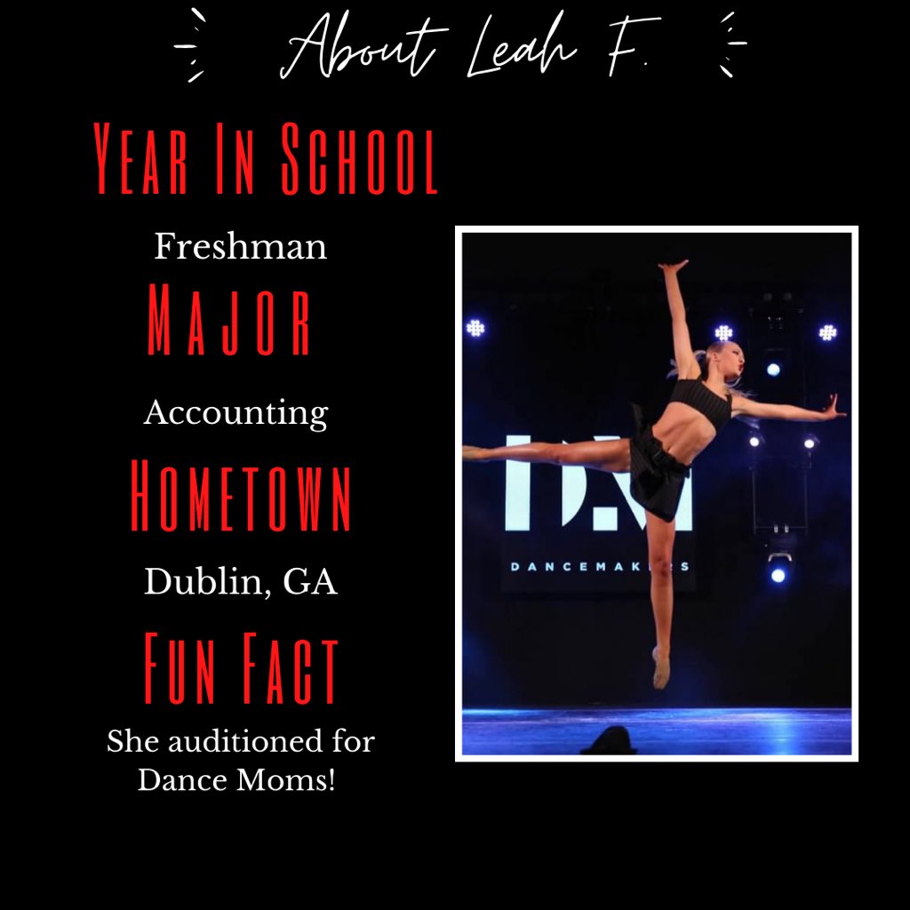 ✨MEET THE TEAM✨
Get to know our freshman and 1st year Dance Dawg Leah F!

#GoDawgs #UGADanceDawgs #MeetTheTeam