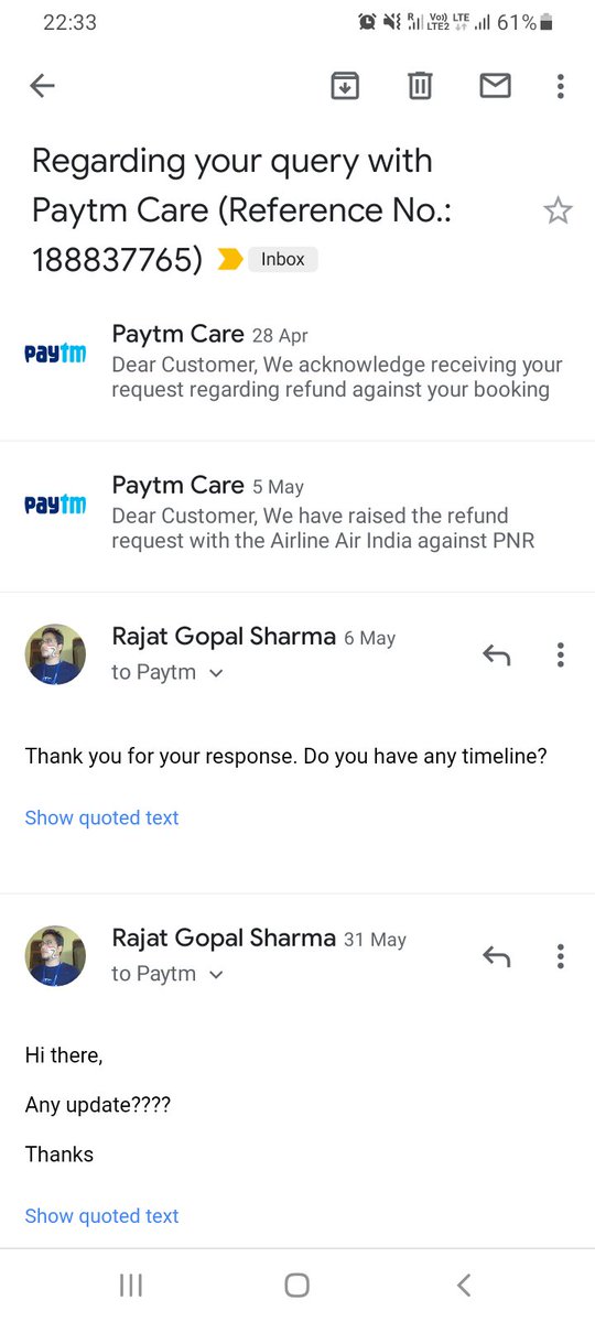rgsharma25's tweet photo. @Paytmcare : Need help to resolve my refund issue which is pending for more than 4 months
PNR Z4293 https://t.co/6iPsgDiq3P