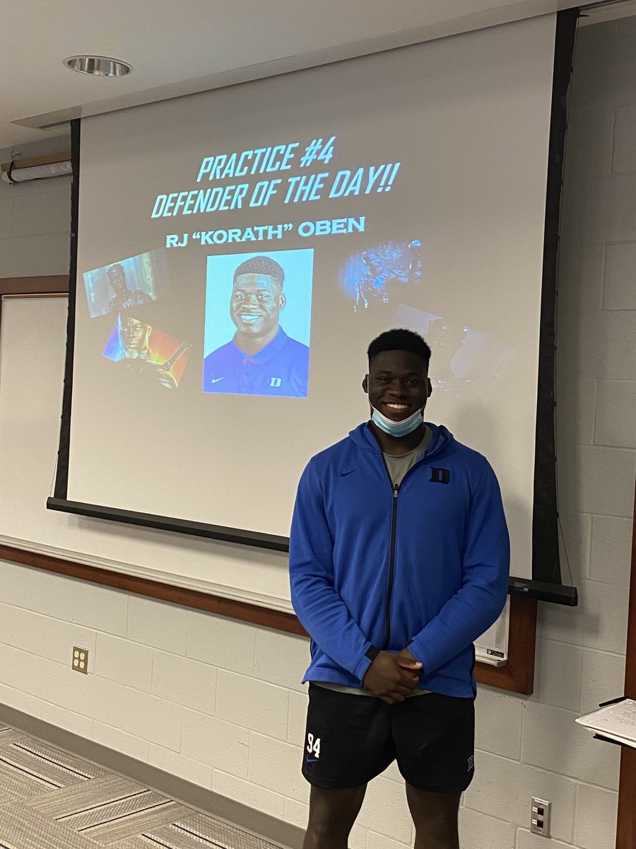 coachbenalbert's tweet photo. The #DukeDefenderOfTheDay for Practice #5 is ⁦@rj_oben⁩!  Great job setting the tempo today my man. #DukeRushMen https://t.co/09wdWuZDvb