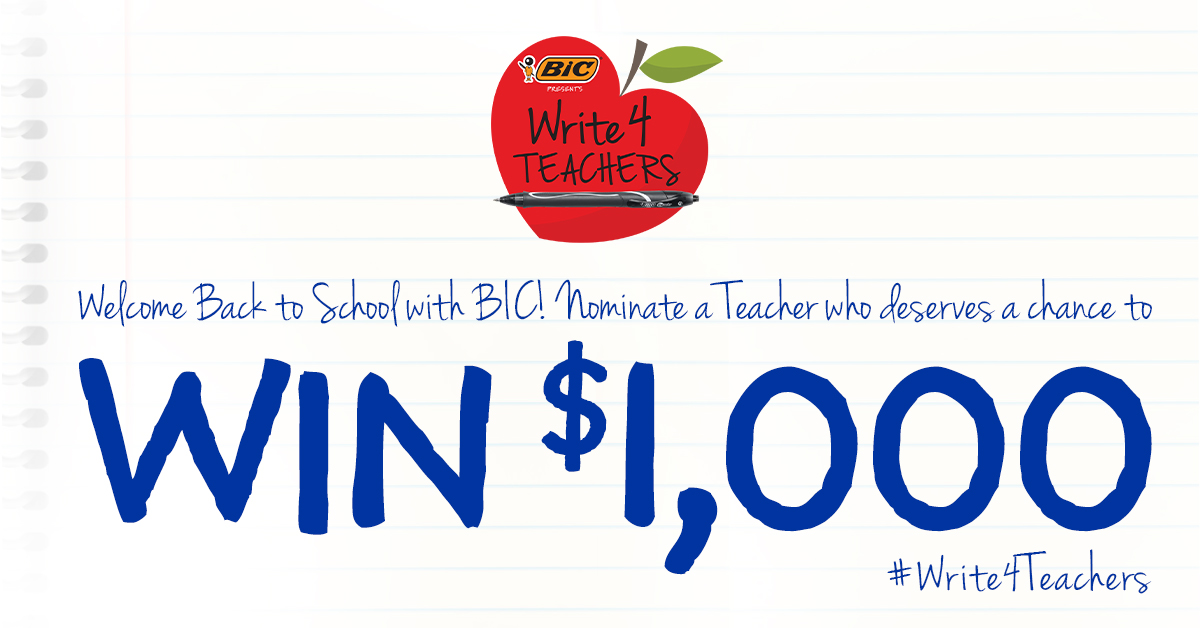 BICGroup's tweet photo. Celebrate back to school with #BIC! Nominate a teacher whoβs gone above and beyond for their chance to win $1,000! Entries must be received by August 13. #Write4Teachers (No. Purch Nec., 13+, US only, Rules at https://t.co/kI29vXqjFc) https://t.co/0tNBRNPjEw