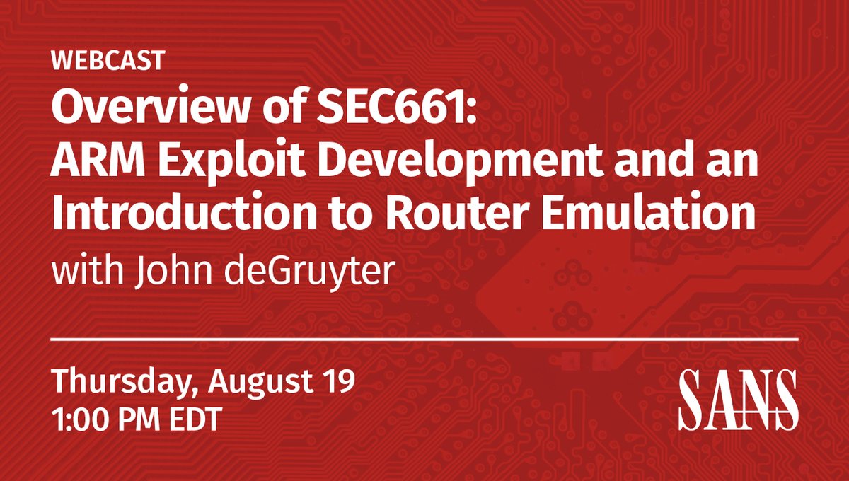 SANSOffensive's tweet photo. Curious about new SANS course #SEC661 on #ARMexploit? Check out this webcast
+ bonus tech segment on emulating a Netgear router!
Register here: https://t.co/K1tFo4able https://t.co/ATVY7jBHjn