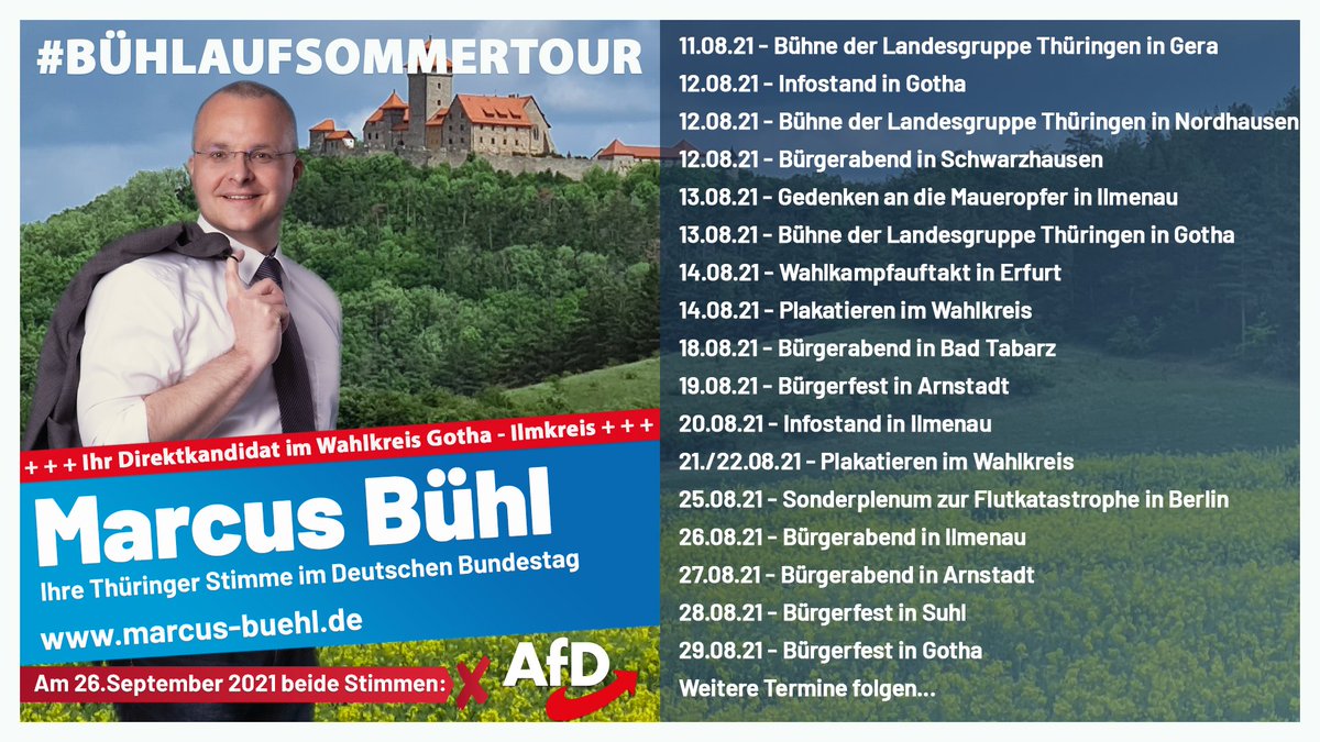 In den kommenden Tagen zeigen wir wieder starke Präsenz auf den Straßen &amp; Plätzen, für eine Politik der Vernunft. Ich freue mich auf die Gespräche mit Ihnen! Am 25.08. findet zudem ENDLICH das von uns als erstes geforderte Sonderplenum im Bundestag wg. der Flutkatastrophe statt.