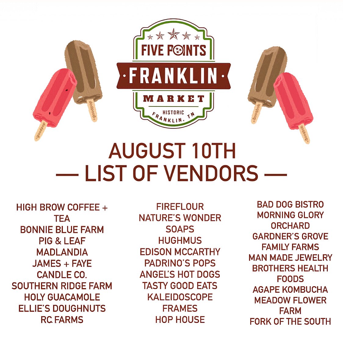 5PointsFranklin's tweet photo. The weather has cleared up and given us a beautiful forecast for this evening’s market! Come and shop each Tuesday from 4pm-7pm in the parking lot behind Starbucks: 
100 5th Ave North 
Franklin, TN 37064 https://t.co/TSw1QmdGrO