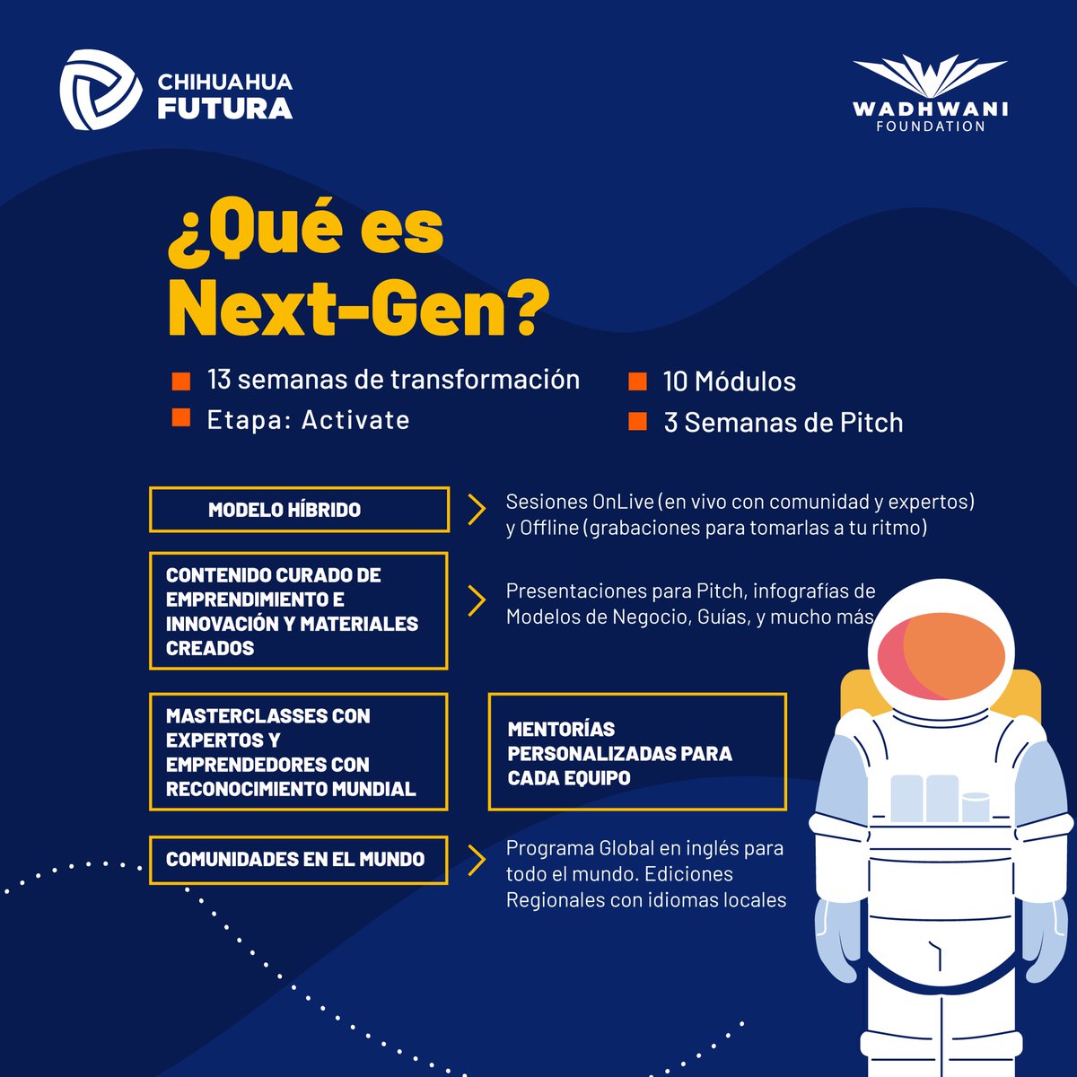 PosgradoFCQUACH's tweet photo. Te presentamos Next-Gen El programa para estudiantes de licenciatura y posgrado.
Los equipos deben formarse por 2 o 3 estudiantes comprometidos para unirse  y vivir la experiencia https://t.co/K492c9srBo 
#ChihuahuaFutura #FundacionWadhwani #UACH #FICOSEC #CODER #Redemprende https://t.co/ezsmVIvim4