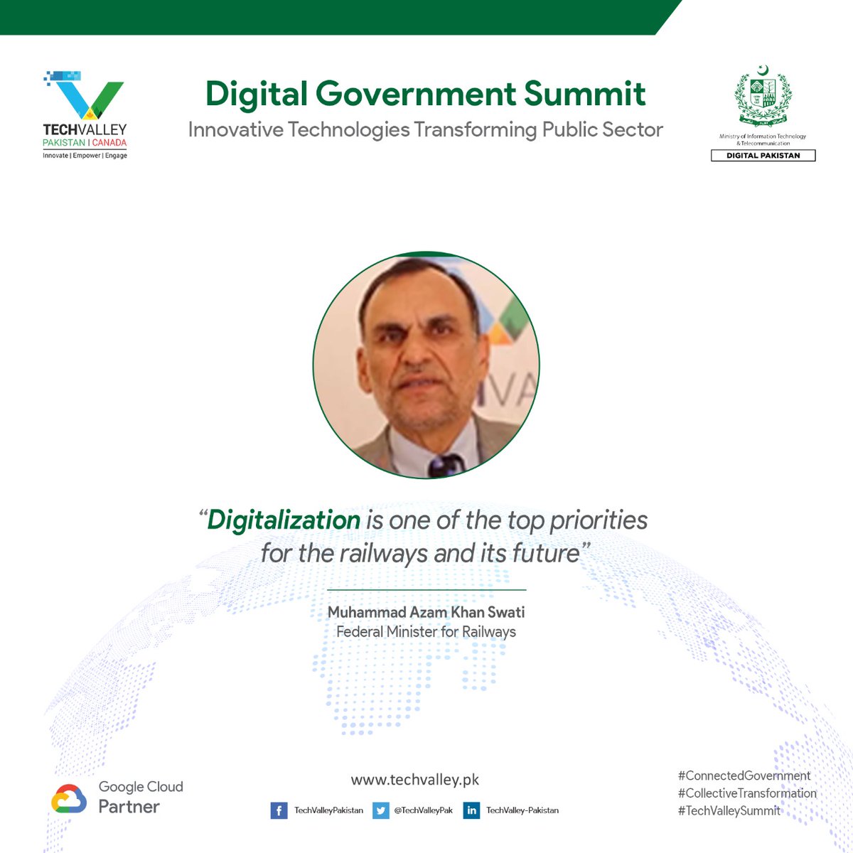 TechValleyPak's tweet photo. While expressing his gratitude to @TechValleyPak and @Google at #DigitalGovermentSummit for helping Railways transform using innovative technologies, @AzamKhanSwatiPk said Digitalizing is one of the top priorities for Pakistan Railways and it's future. 

#ConnectedGovernment https://t.co/A8IiuKvhSC