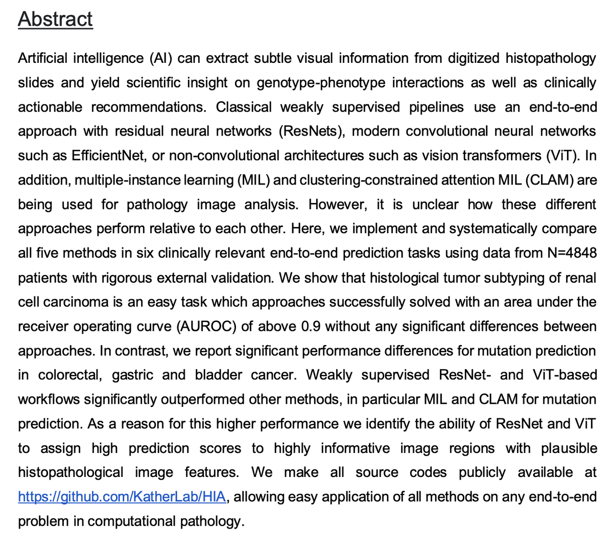 jnkath's tweet photo. Our new preprint is out: "Benchmarking artificial intelligence methods for end-to-end computational pathology" 🏥💻 - first paper by @GhaffariNarmin 🎉👩‍💻https://t.co/x30E8xuLVP @UniklinikAachen @NCT_HD #pathology #ai #oncology #artificialintelligence (1/4) https://t.co/bxiTHjgX9k