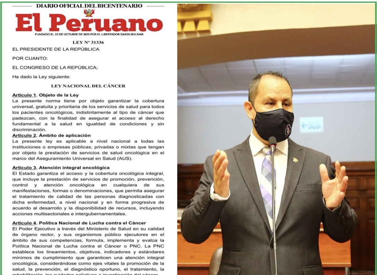 Hoy publicaron la Ley 31336 Ley Nacional del Cancer. Nuestro es esfuerzo ha sido premiado con su promulgación. Gracias a todos los que la hicieron posible @BancadaFAperu @PedroCastilloTe @congresoperu @Minsa_Peru .