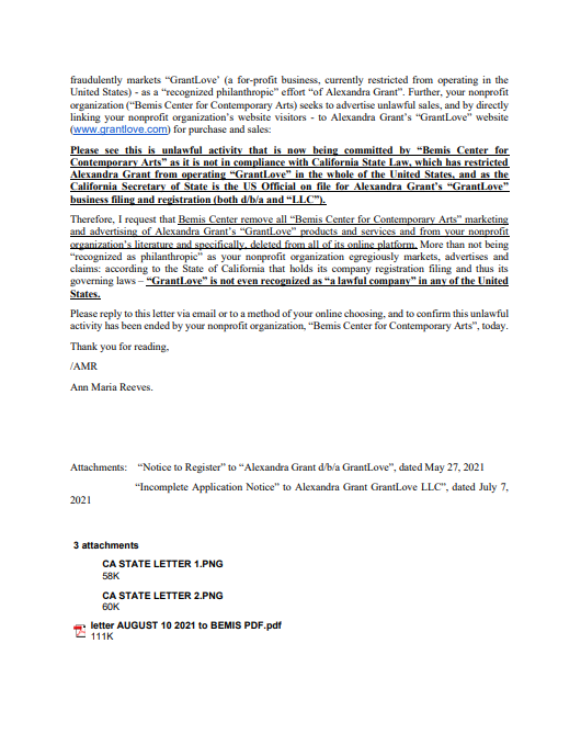 AnnMariaReeves's tweet photo. ** NEW DOCUMENTS POSTED ** ALL: Attached please find 1-week follow up email (with attachments) to "Bemis Center for Contemporary Arts" re #AlexandraGrant and "#GrantLove" #fraud -specifically, #BemisCenter marketing. I will let you know if there is reply!💕Eve for #KeanuReeves👇. https://t.co/Uk04CChbR3