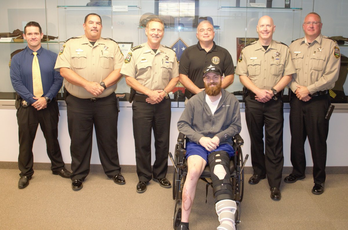 LoudounSheriff's tweet photo. We were grateful to recently receive a visit from DFC Gentry who continues to recover after he was shot multiple times in January while taking a suspect into custody. He is exhibiting the same bravery in his recovery as the night he was seriously injured. #GentryStrong https://t.co/Lu4E3NiZlq