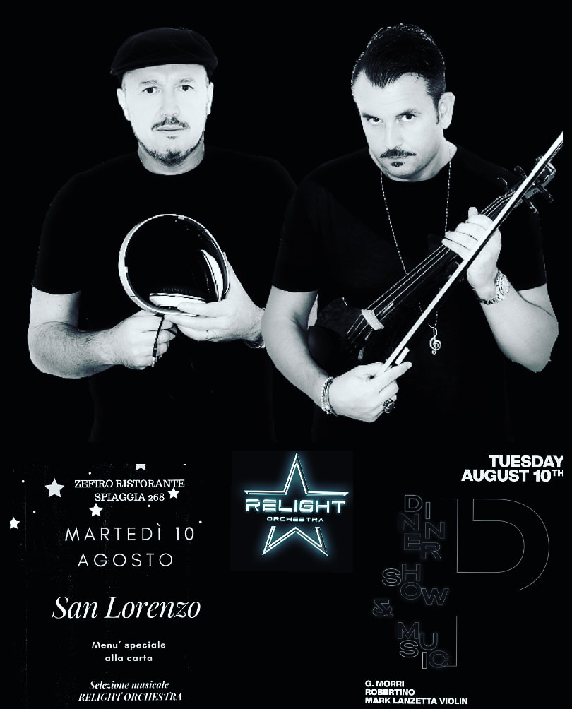 Double show #Relight in #MilanoMarittima tonight August 10th 21: #ZefiroBeach + #PinetaClub.... #RobertEnoDj &amp; #MarkLanzettaViolin