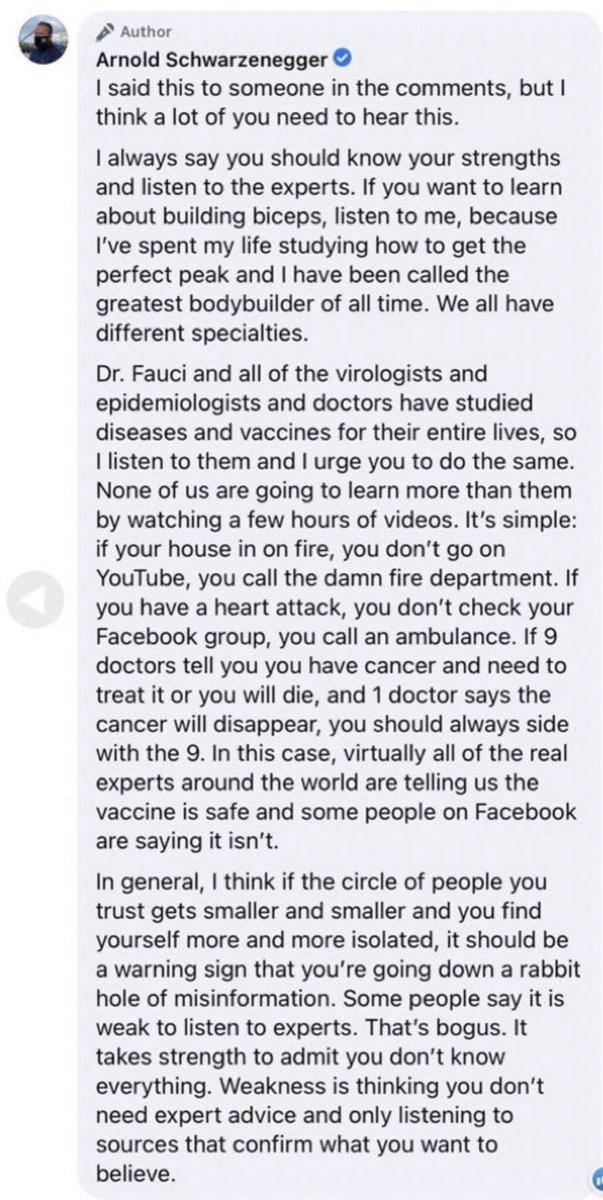 DaveWallsworth's tweet photo. Have to say, @Schwarzenegger makes a lot of sense here. Always amazes me how some people believe they know more about a subject than those who have been working in the area for years! If you want to know about flying, ask me. If you want to know about #COVID19 ask @CMO_England https://t.co/hqHSpeg7l2