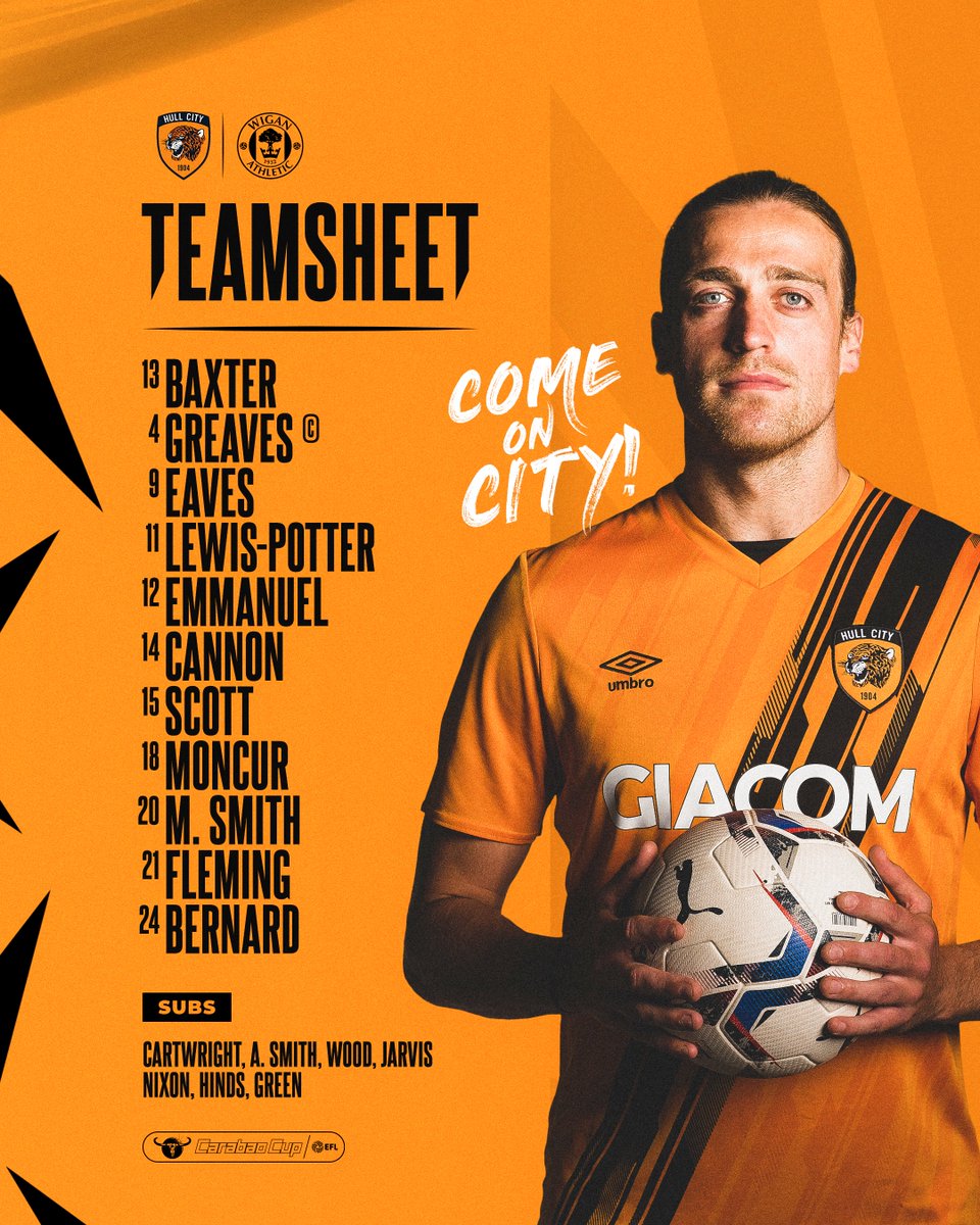 HullCity's tweet image. 📋 Here’s how the Tigers line-up for #HULWIG…

🟧 Seven changes
⬛️ Debuts for Baxter &amp;amp; Bernard
🟧 Greaves captain

#hcafc | #theTigers