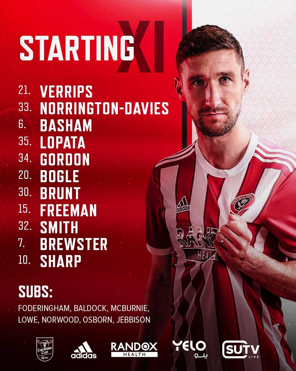 SheffieldUnited's tweet photo. Brewster &amp; Sharp up top. 👊

Here’s how the Blades line up against Carlisle in the @Carabao_Cup this evening. Come on United!! 🔴 https://t.co/6tfQc0wWLj