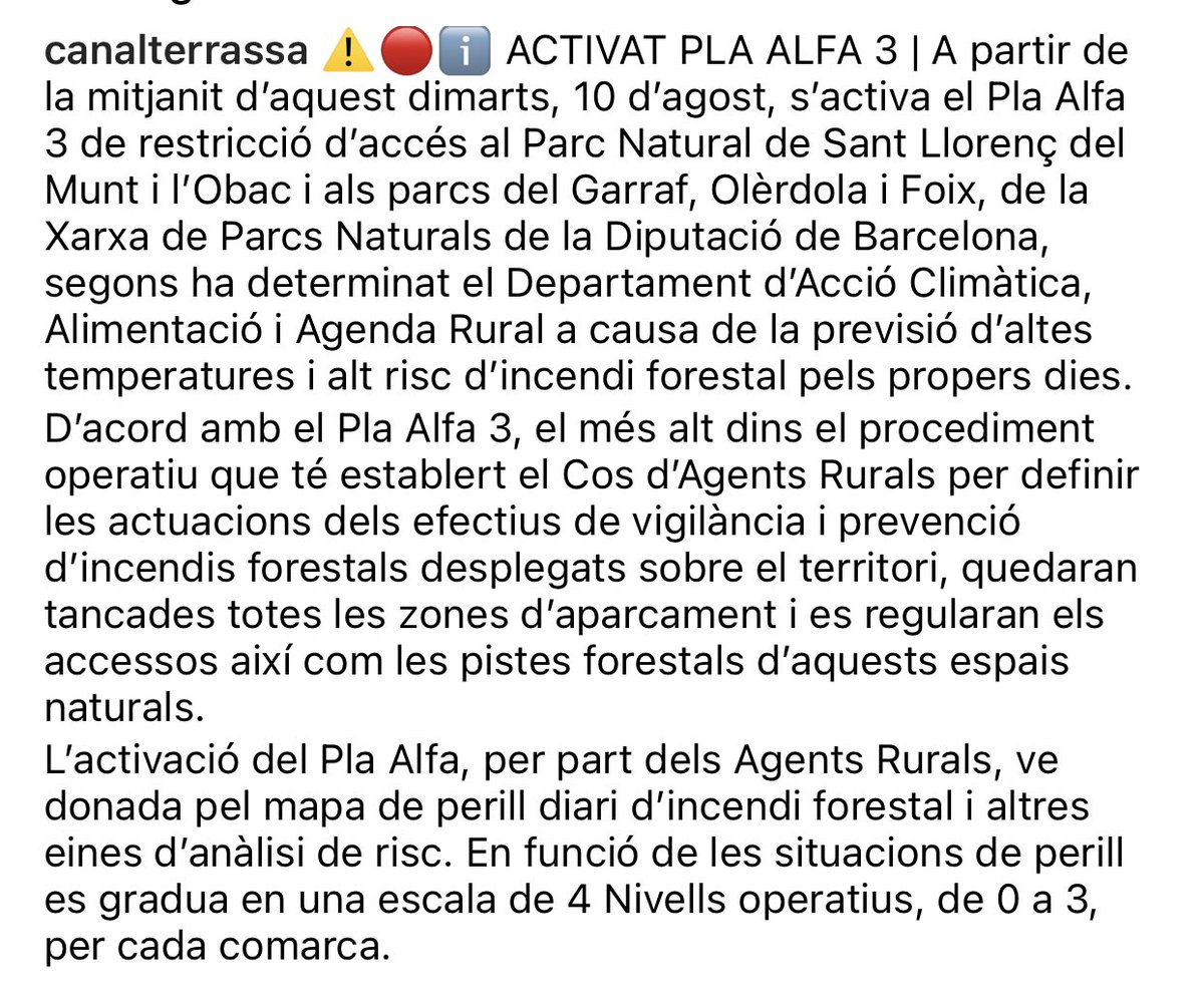 Miquel Sàmper (@miquel_samper) on Twitter photo Demà ens ve una onada de calor amb temperatures que fregaran els 40 graus, amb uns boscos molt secs. La <a href="/diba/">Diputació de Barcelona</a> ha activat encertadament el pla ALFA 3 a la seva xarxa de Parcs Naturals. Siguem curosos i responsables en les nostres sortides; el medi natural està en situació de risc Demà ens ve una onada de calor amb temperatures que fregaran els 40 graus, amb uns boscos molt secs. La <a href="/diba/">Diputació de Barcelona</a> ha activat encertadament el pla ALFA 3 a la seva xarxa de Parcs Naturals. Siguem curosos i responsables en les nostres sortides; el medi natural està en situació de risc