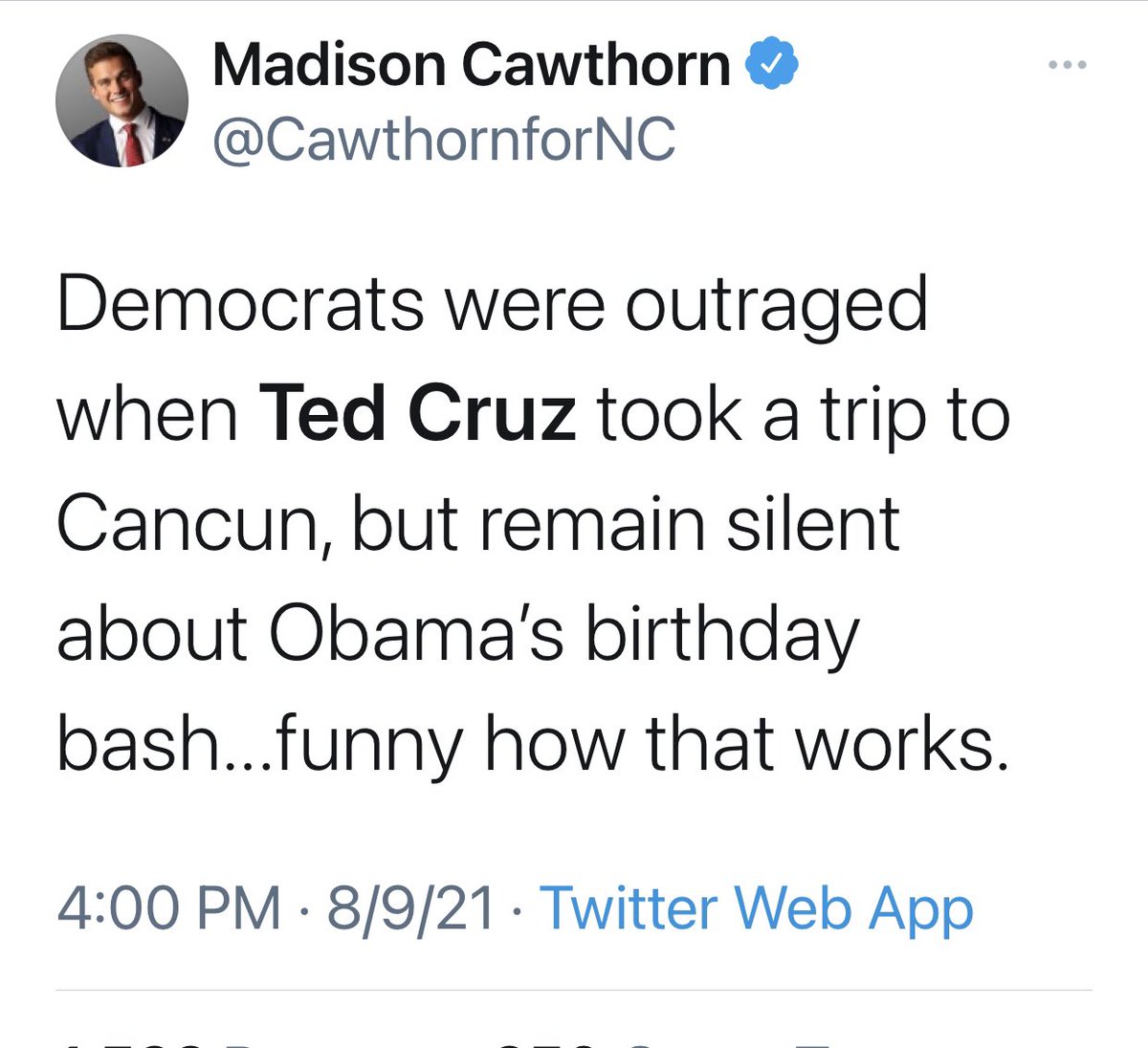 PatienceHRush's tweet image. Thank you, @CawthornforNC, for reminding us all that Ted Cruz left his constituents in the cold while he took a little Cancun vacay.

I'm sure @tedcruz is thrilled to bits that you're keeping that story current. Keep it up until 2024! 
#NotVeryBright #GOPBetrayedAmerica