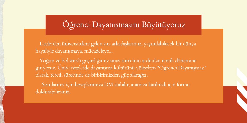 Üniversitelerde dayanışma kültürünü yükselten "Öğrenci Dayanışması" olarak, tercih sürecinde de birbirimizden güç alacağız.

Sorularınız için DM atabilir, aramıza katılmak için formu doldurabilirsiniz.

👇
docs.google.com/forms/d/e/1FAI… 

#YKS2021
#TYT2021
#ÖSYM