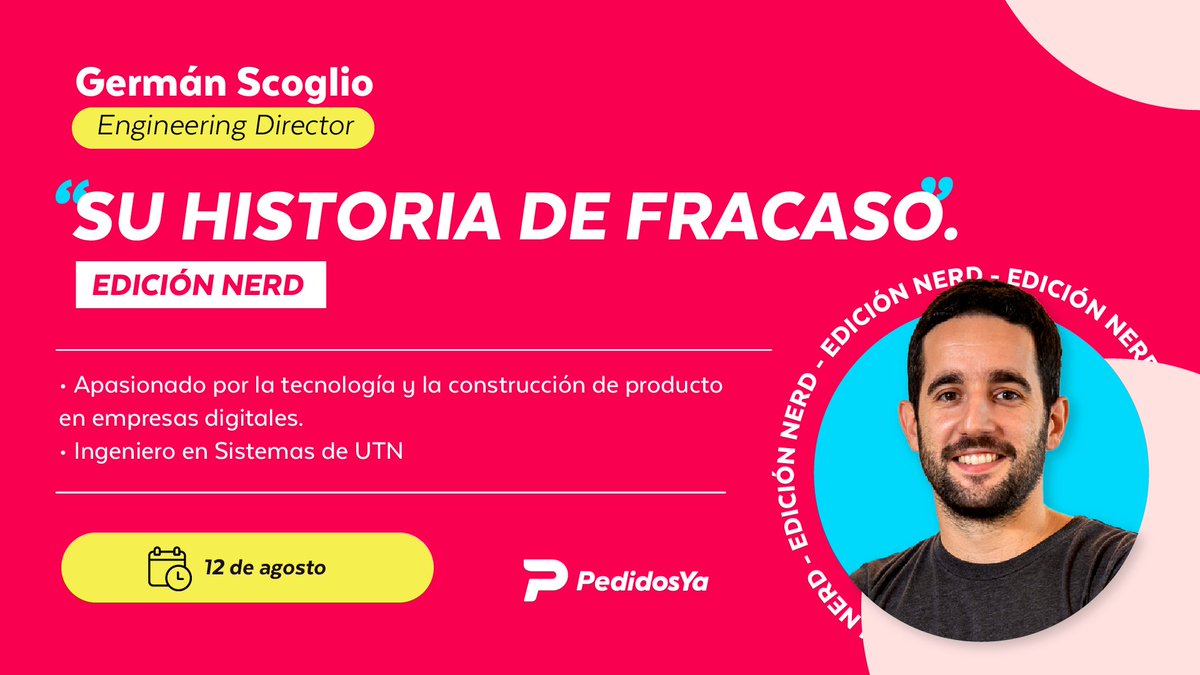 PeYaTech's tweet image. En @pedidosya no tenemos miedo a equivocarnos. 🚀

Este jueves @gscoglio , #EngineeringDirector, estará  en @FUNBuenosAires edición #Nerds 🤓 y nos develará su mejor (y peor) anécdota.

Puedes registrarte al evento gratuitamente aquí: 
linktr.ee/funbuenosaires
