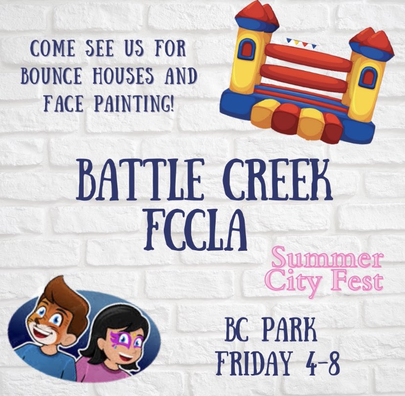BC_FCCLA's tweet photo. Come see us from 4-6 at the park for bounce houses and face painting! Friday 8-20 during Summer City Fest! https://t.co/1FPs6qgfhy