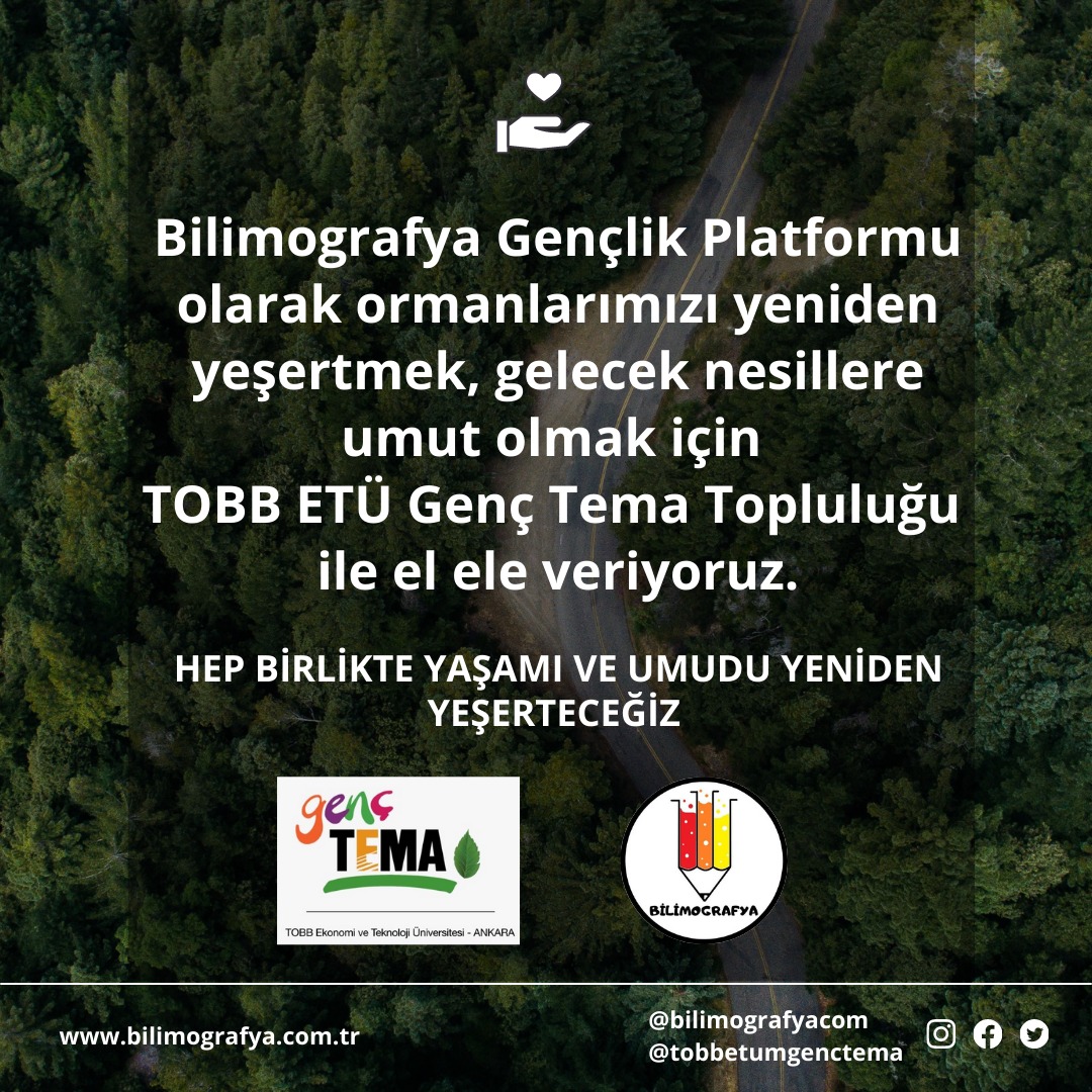 Haydi Bilimografya Gönüllüleri, siz de bu linkten fidan bağışı yapın ve bizimle paylaşın. El ele verip yaşamı yeniden yeşertelim. 
tema.org.tr/yenidenyeserte…
Havale/EFT bağışı
Türkiye İş Bankası - Levent Şubesi
Şube Kodu: 1035
Hesap No: 1488866
IBAN: TR46 0006 4000 0011 0351 4888 66