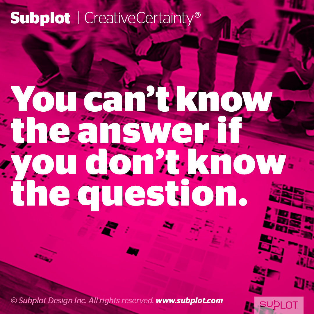 subplotdesign's tweet photo. DO YOU KNOW THE RIGHT QUESTIONS TO ASK? | It's not often that the original questions the client thought needed answering end up being the ones we answer. That's not rebellion, that's because it takes a diligent process to look behind the questions to find the truth. https://t.co/JhmUmb81qI