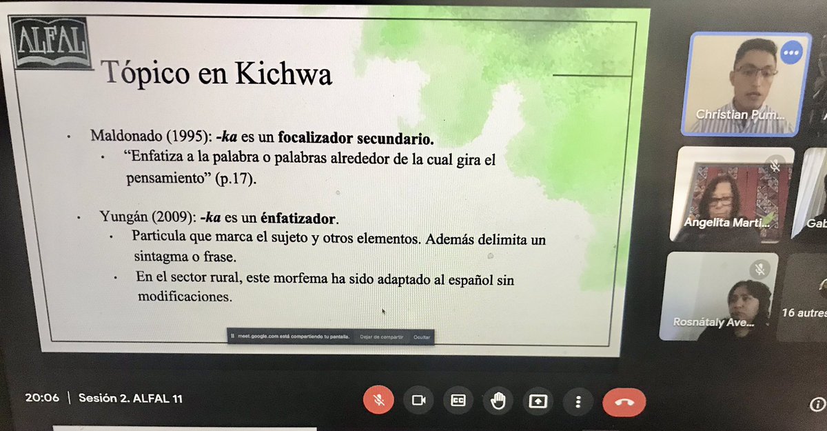 “El morfema kichwa -ka en el castellano andino ecuatoriano: ¿marcador de tópico o de foco?”. Es el estudio presentado por Christian A. Puma Ninacuri en el Proyecto 11 del Congreso de #ALFAL21.
