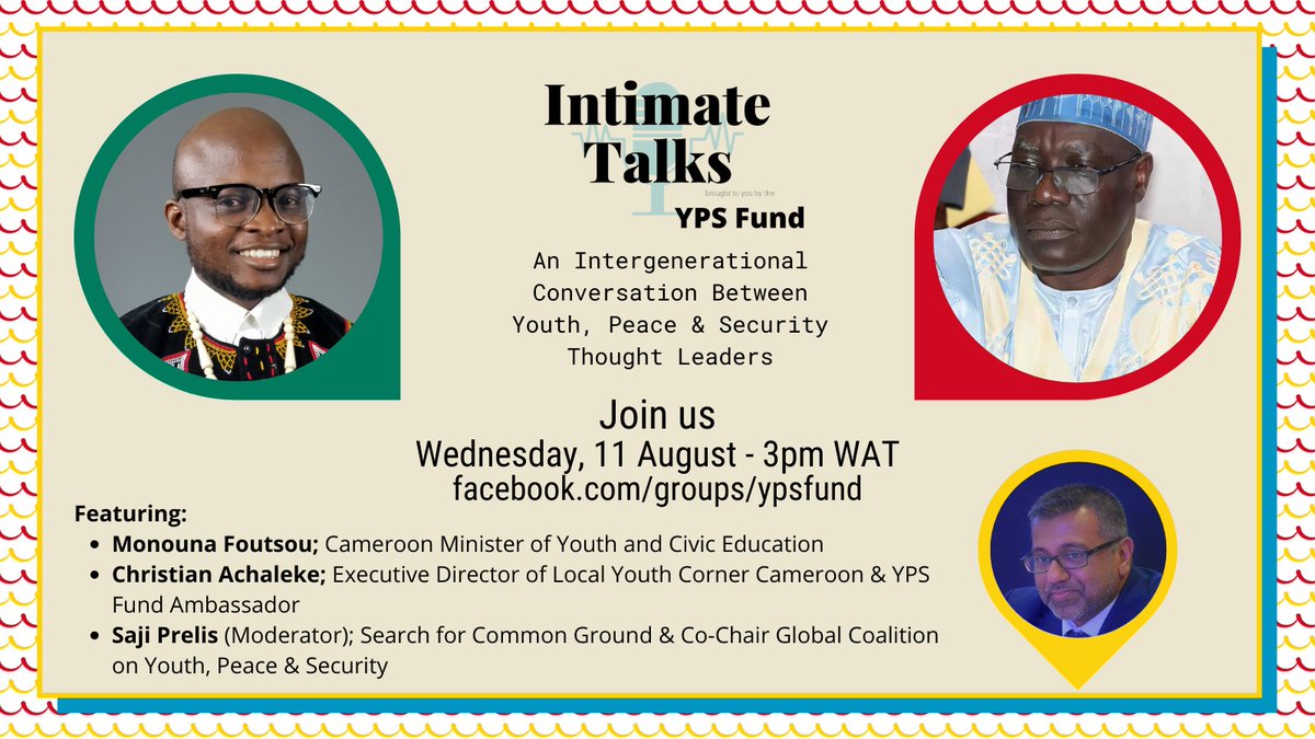 achaleke1's tweet image. I am Honored to serve as a Youth Peace  &amp;amp; Security Fund Ambassador. Join us tomorrow, 11 Aug 🕚 3PM WAT for #IntimateTalks with @MFoutsou Minister of Youth &amp;amp; Civic Education🇨🇲
🎙️ Saji Prelis, @SFCG_
Join us at facebook.com/groups/ypsfund @UN_Cameroon @SZKhaled @SitiBOussein @YPSfund