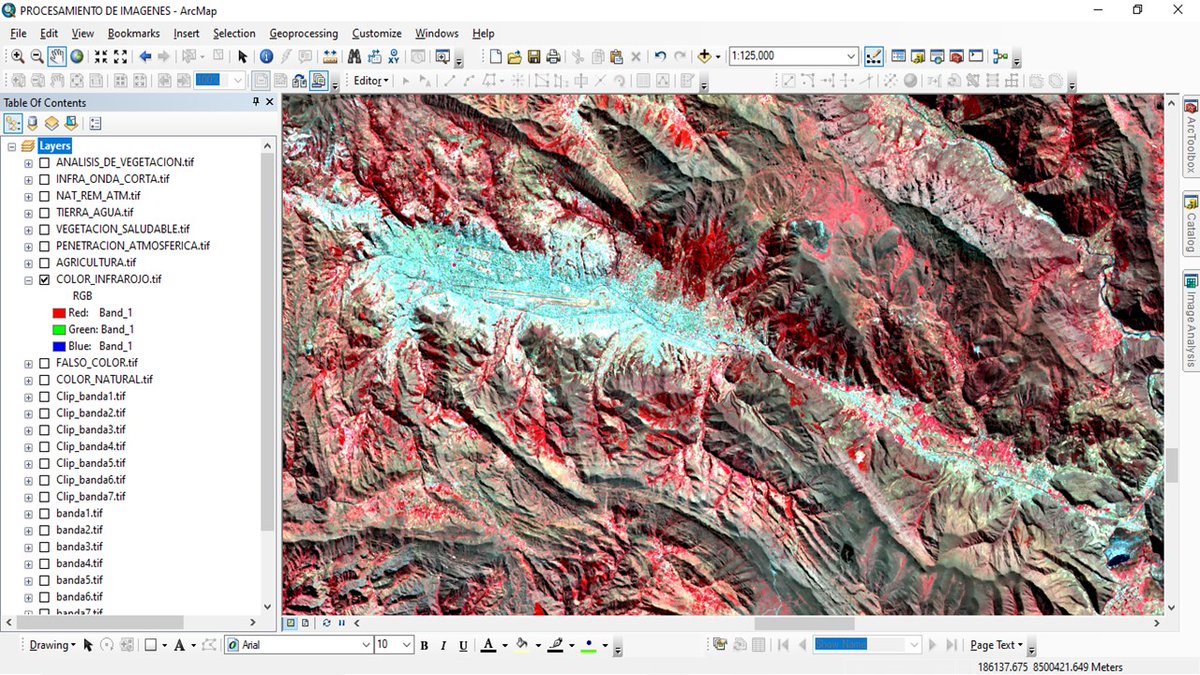 jesus_yatto's tweet photo. Combinación de bandas de una imagen Landsat 8 de la ciudad del Cusco, desarrollado en el curso "Procesamiento de Imágenes Satelitales con ArcGIS”, desarrollado en la empresa
@HelpGIS
3.-Color infrarrojo (vegetación) 5-4-3
4.-Agricultura 6-5-2
#Cusco #helpgis #GIS https://t.co/1WFCmQDOW4