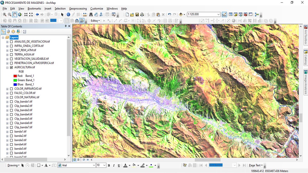 jesus_yatto's tweet photo. Combinación de bandas de una imagen Landsat 8 de la ciudad del Cusco, desarrollado en el curso "Procesamiento de Imágenes Satelitales con ArcGIS”, desarrollado en la empresa
@HelpGIS
3.-Color infrarrojo (vegetación) 5-4-3
4.-Agricultura 6-5-2
#Cusco #helpgis #GIS https://t.co/1WFCmQDOW4