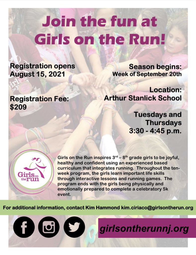 Girls on the Run is back at Stanlick! Join our 3rd-5th grade girls for an awesome season! Registration opens on August 15th!