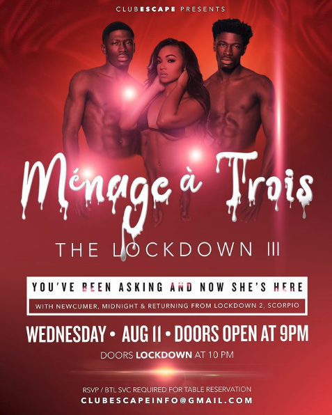 Club_Escape_Chi's tweet photo. Wednesday, August 11th - It's that time again! Club Escape presents the LOCKDOWN 3... the Menage a Trois Doors open at 9p - contact CLUBESCAPEINFO@gmail.com for reservations. Wednesday, August 11th at 9p #clubescape #clubescapechicago #chicago https://t.co/xfJp7mvTwh