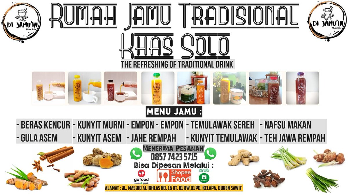 Permisi numpang promosi. kami dgn resep keluarga menyiapkan jamu dari rempah jamu pilihan yg asli dari rempah dgn gula palma jd rasa jamu ciri khas produk kami yg diminat pembeli. Di Jamu'in khas solo via gofood, grabfood. best seller beras kencur, kunyit asem, emponempon #Febri