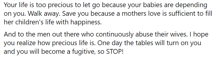 caroline_evari's tweet photo. Dear women, stop being selfish using your children as a reason to remain with that abusive man. Think about the fact that when you die, you children will suffer the most. Leave while you can. https://t.co/aoQYifVsnV
