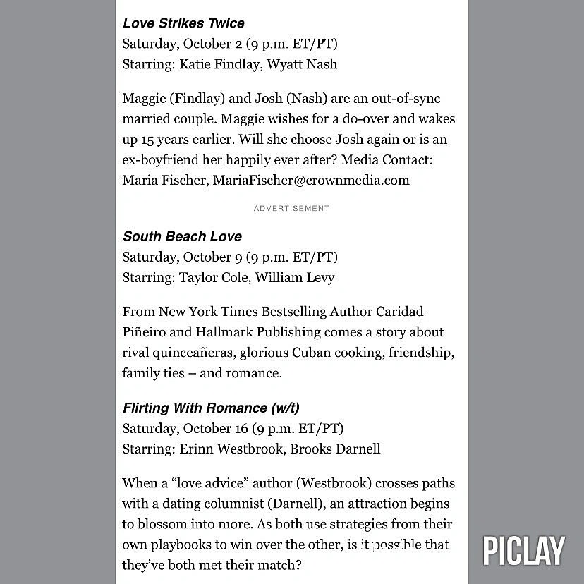 WLW_Venezuela's tweet photo. Vía @hallmarkheartbeats The movie lineup for October has been announced. I see some new names. And some not so new names lol. I’m excited for October. Who’s with me?
#katefindlay @heywyattnash @taylorquinncole @willylevy29..
https://t.co/3p3PHelKpR https://t.co/AUimJHgE7N