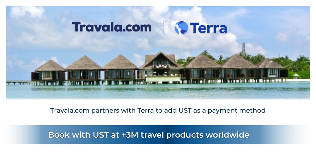 Welcome <a href="/terra_money/">Terra 🌍 Powered by LUNA 🌕</a> to the <a href="/travalacom/">Travala.com 🏨 ✈️</a> team📣

Soon, $UST holders will be able to book over 3 million travel products on travala.com ✈️ Flights, hotels, and activities available across the world 🌎🏨

Book your next dream vacation with #UST 🏖️
bit.ly/3fNzQ10