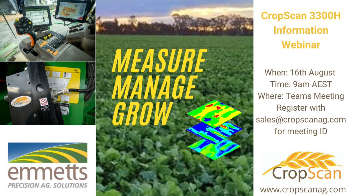Want to learn more about CropScan on-combine protein monitor?
Join our information webinar!
Monday, 16 August 2021 9am AEST
Save it in your calendar: tinyurl.com/hm58ahn3